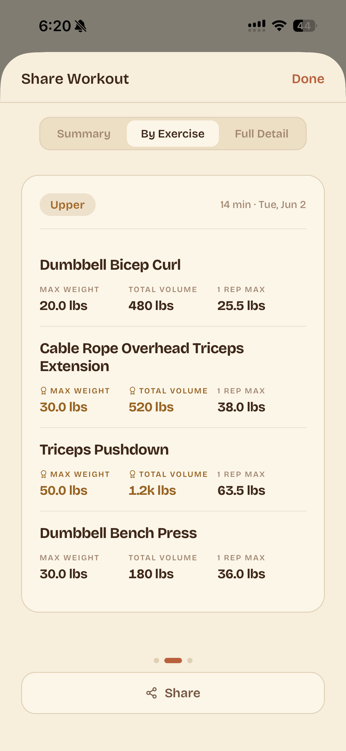 Rep workout summary
